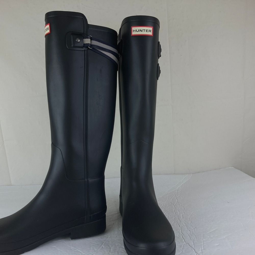 Hunter Original Tall Rain Boots Women 9 Black Striped Buckle Strap Equestrian - Picture 12 of 12